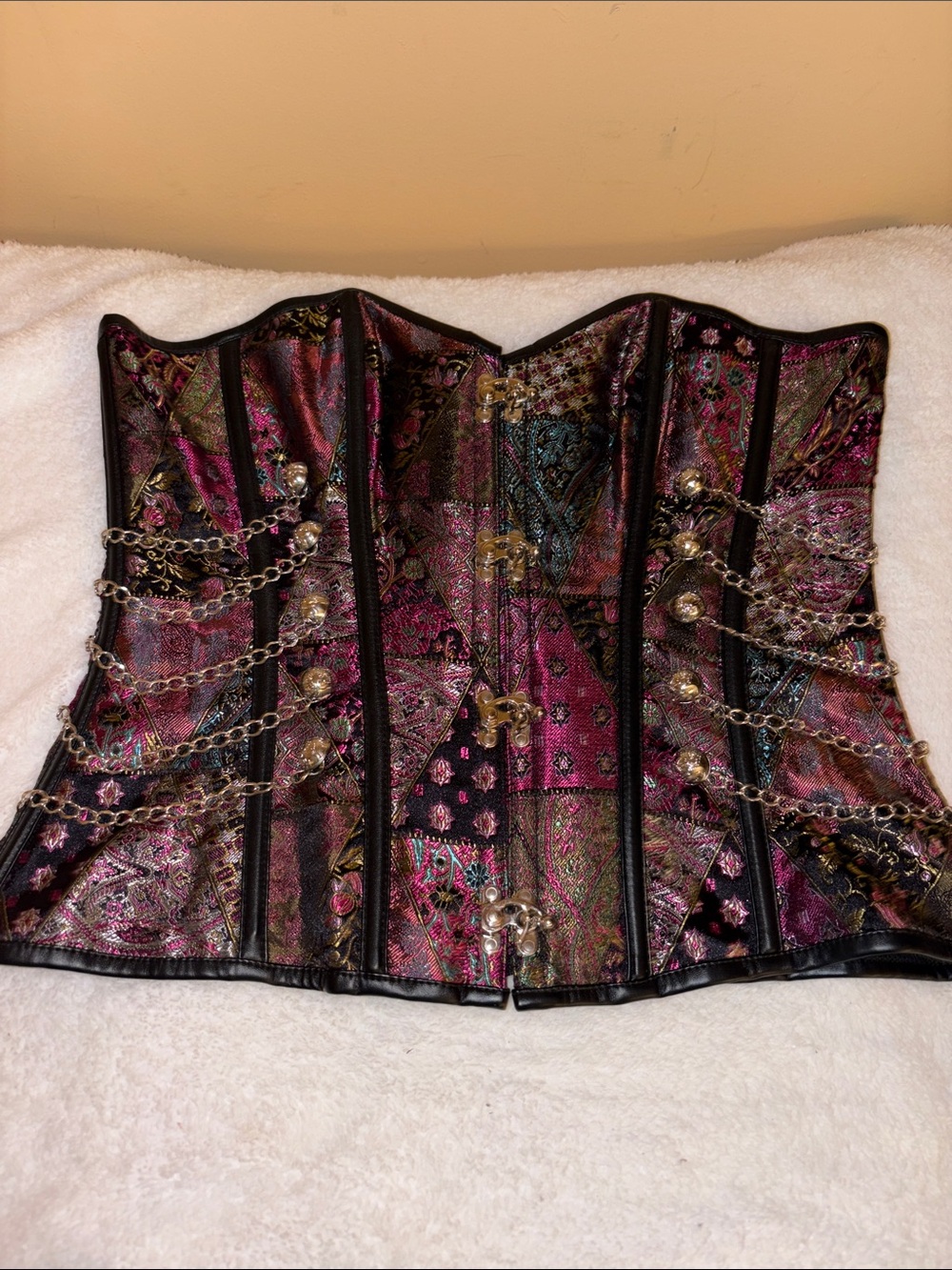 Women’s Metallic Pink Brocade Corset with Chain Accents